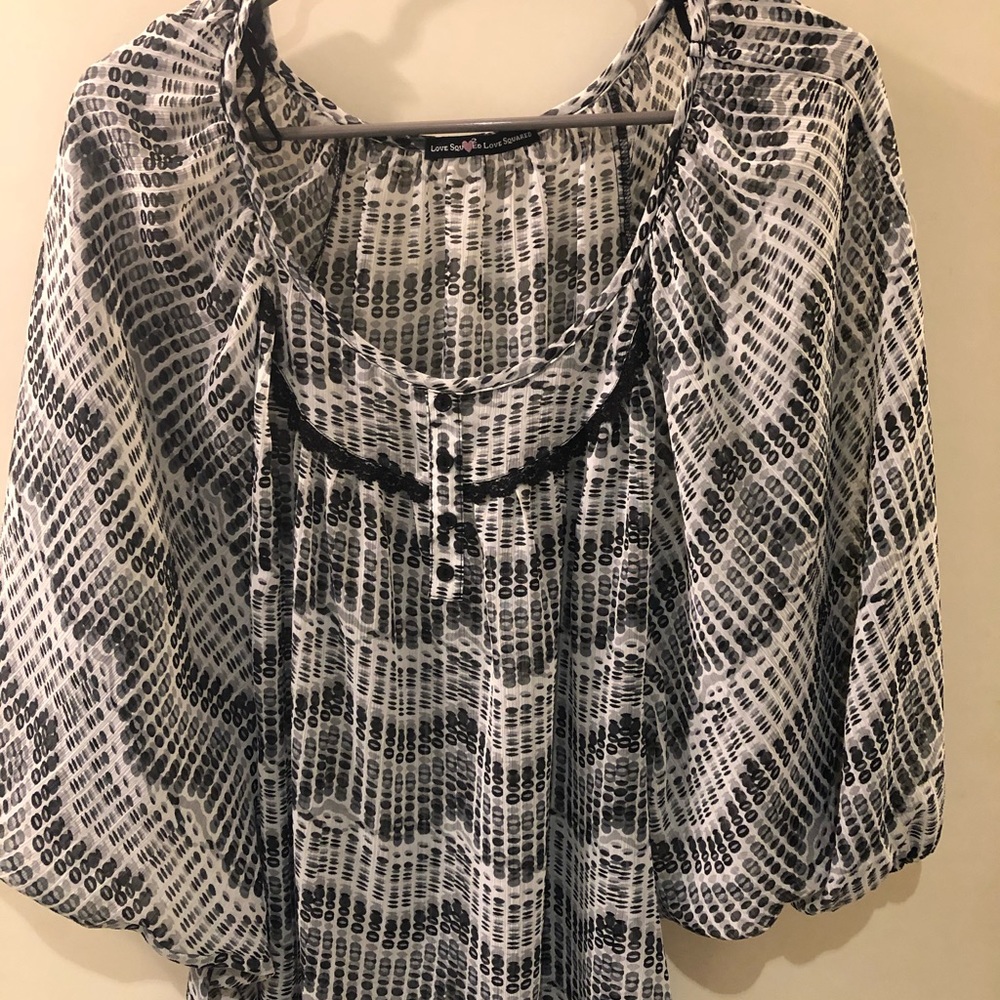 Love Squared Black and White sheer peasant top